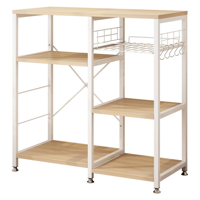 SEVOBAL Kitchen Storage 3 Tier White Oak Bakers Rack with Basket and Hooks for Microwave Stand and Organization, White, 38.98"*17.91"*5.12"