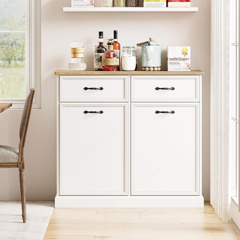 Wooden Tilt Out Trash Cabinet, Freestanding Kitchen Trash Bin Cabinet with Hideaway Drawer for Kitchen & Living Room