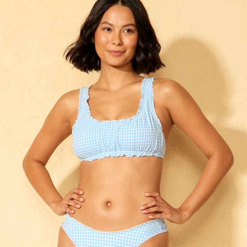 Women's Gingham Seersucker Ruffle Bralette Bikini Top - Wild Fable™ Blue/White M