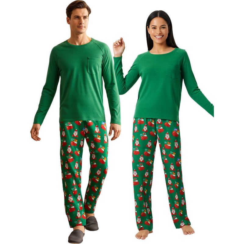 cheibear Family Christmas Santa Print Long Sleeve Top and Pants Pajama Set Green Green Women's X-Large