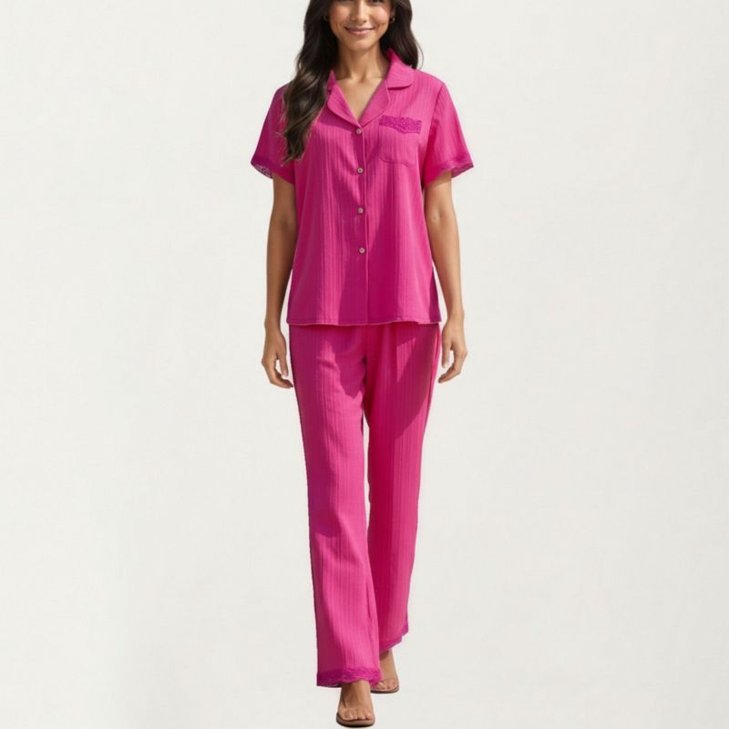 Anna-Kaci Lounge Women's Short Sleeve Pajama Set with Button-Up Top Lace Trim Sleeves Chest Pocket and Relaxed Fit Lounge Pants - Fuchsia, Medium