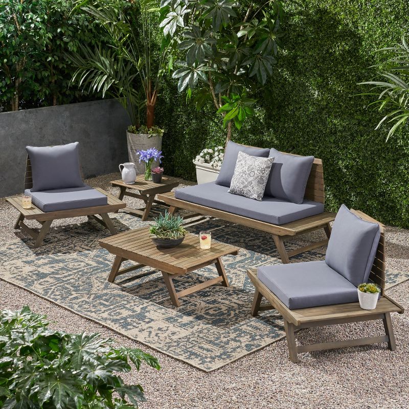 Christopher Knight Home Sedona Outdoor Acacia Wood 4 Seater Chat Set and Side Table with Cushions, Dark Gray/Gray