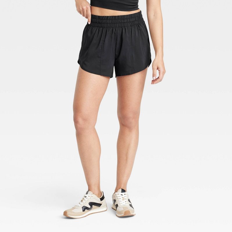 Women's Woven Mid-Rise Run Shorts 3" - All In Motion™ Black L: Lightweight, Adjustable Waistband, Quick Dry