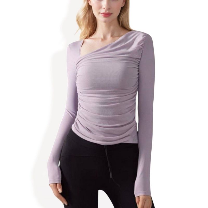 Anna-Kaci Active Women's One-Shoulder Athletic Top with Ruched Front Detail- Small, Purple