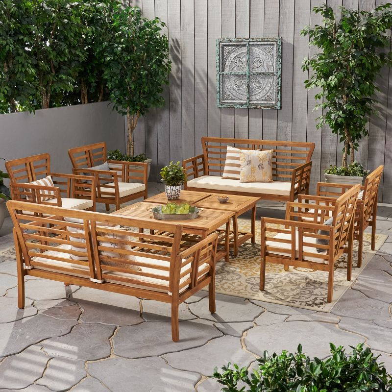 Christopher Knight Home Caydon Outdoor Acacia Wood 8 Seater Chat Set with Cushions, Brown/Cream
