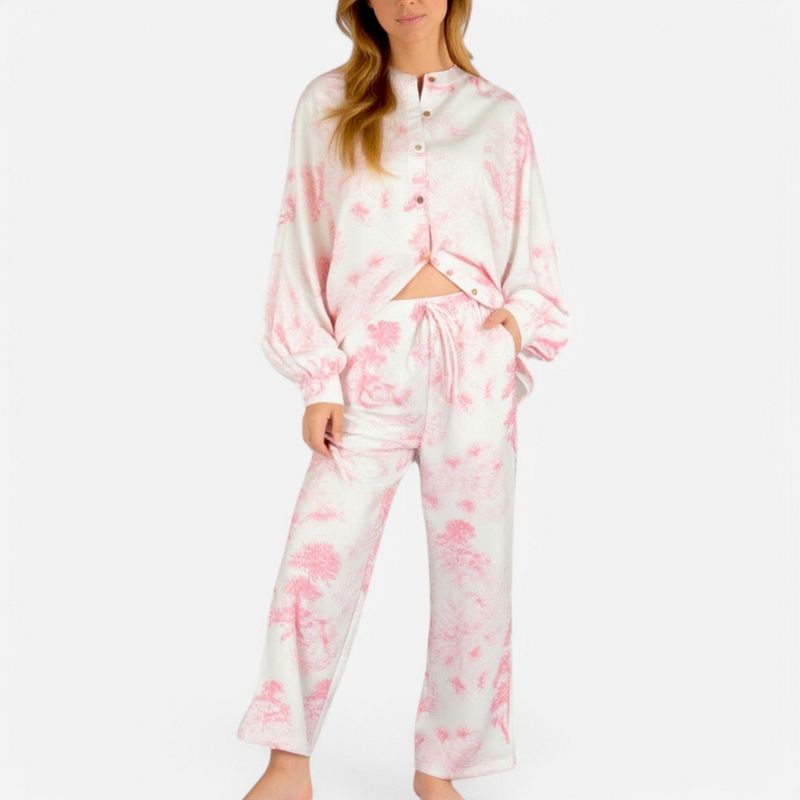 Anna-Kaci Lounge Women's Toile Print Button Up Pajama Set with Long Sleeve Top and Elastic Waist Drawstring Pants - Large, Pink