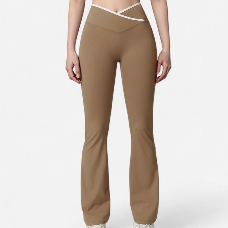 Anna-Kaci Women's Flare Leg Yoga Pants with Crossover High Waistband and Four-Way Stretch Fabric - Small, Beige