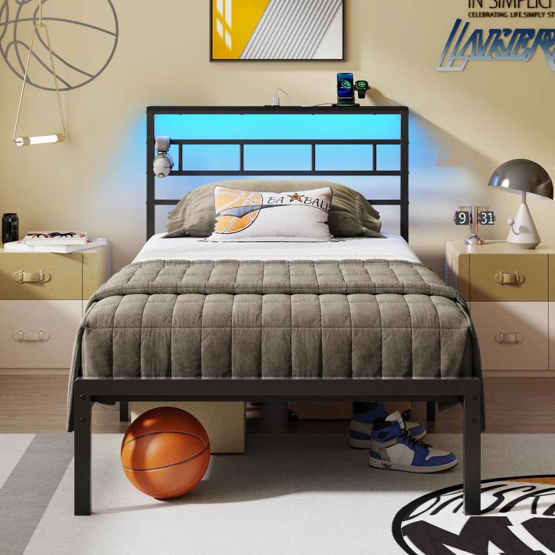Black Twin Bed Frame with Built in Charging Station LED Headboard Storage Shelf Metal Platform Bed NoBox Spring Needed Easy Assembly Bedroom Furniture