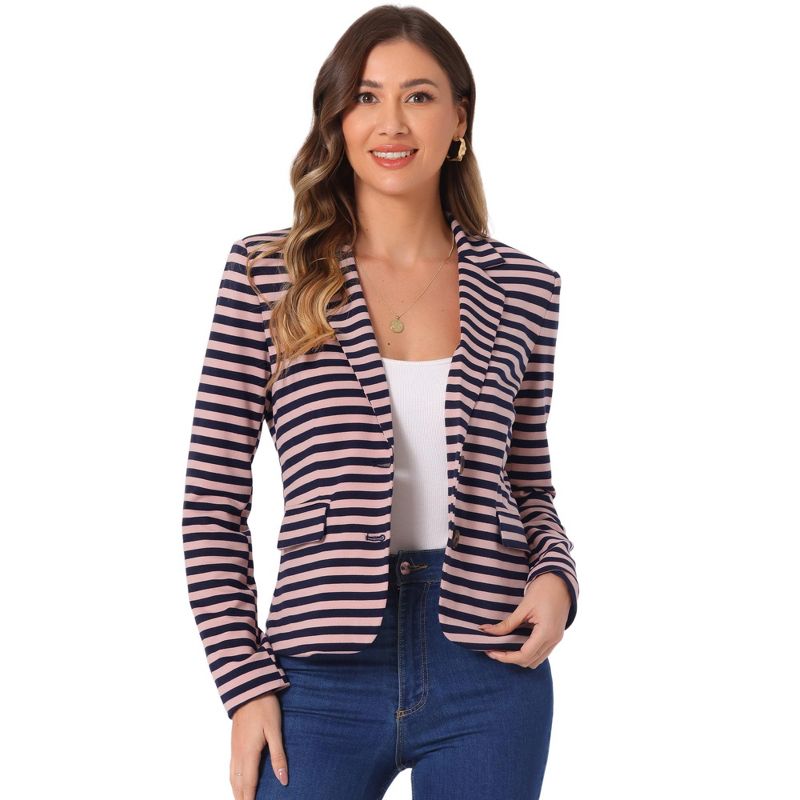 INSPIRE CHIC Women's Notched Collar Long Sleeve Button Front Striped Blazer Large Navy Pink