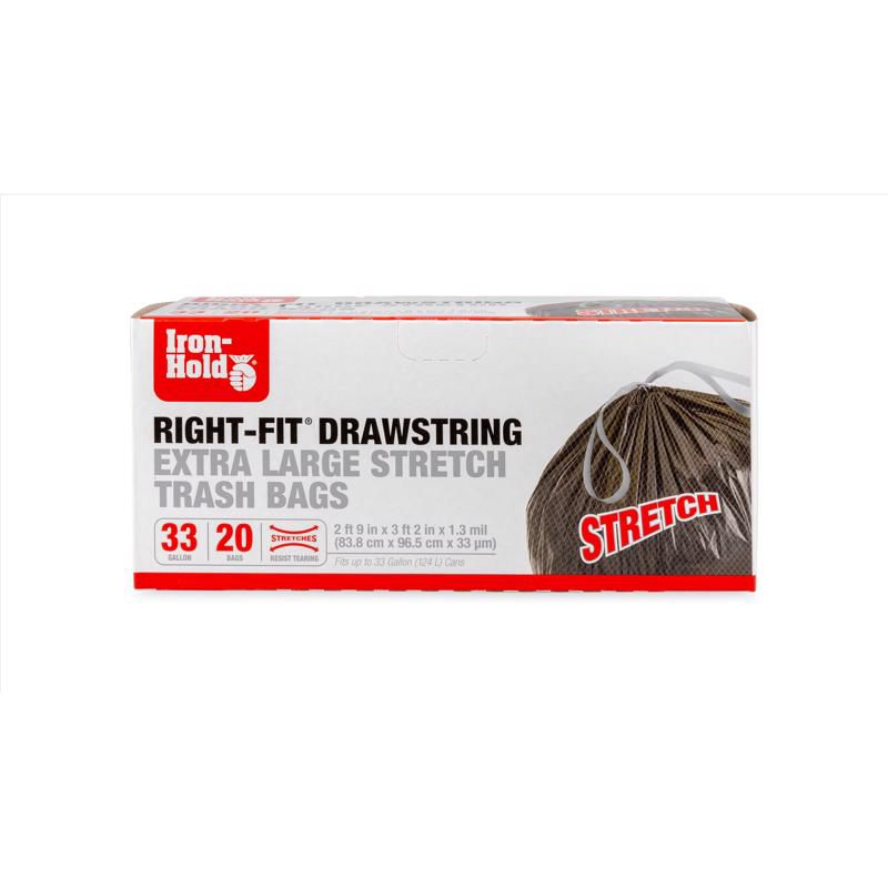Iron-Hold - Right-Fit Trash Bags - Drawstring 20 pk 1.3 mil - 33 gal - Case of 8