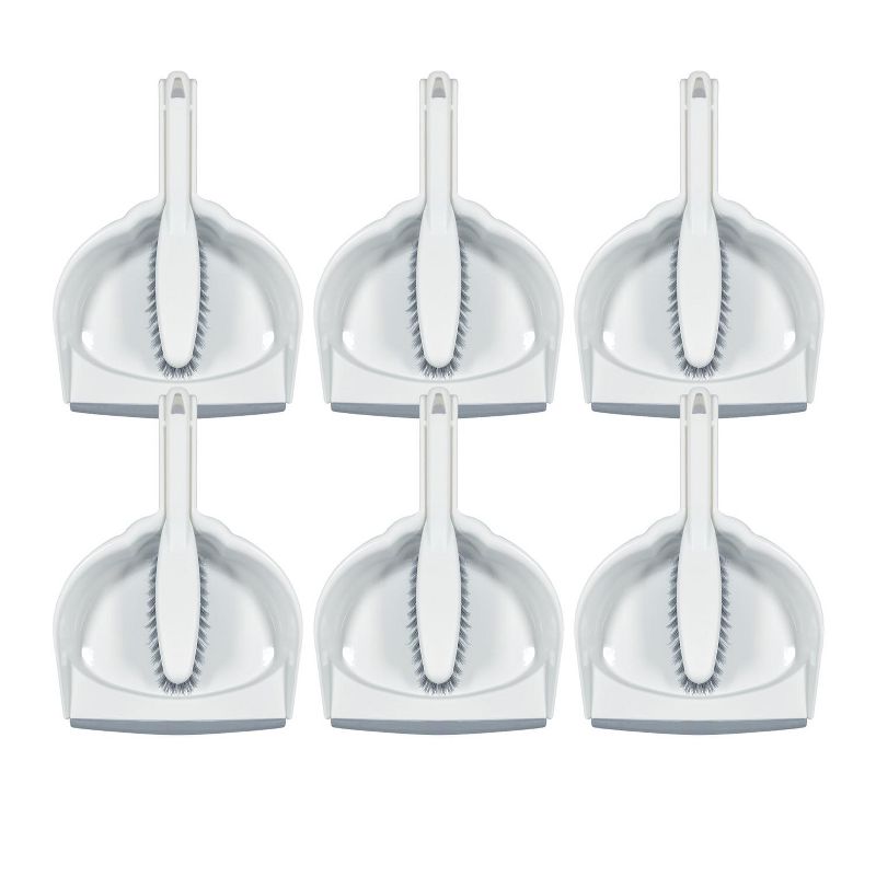 LOLA Clip On Dust Pan & Brush Set, 6 pack, w/ Easy Dust, Dirt & Debris Catching Rubber Lip, Flagged Fiber Bristled Brush, Hang Hole for Easy Storage