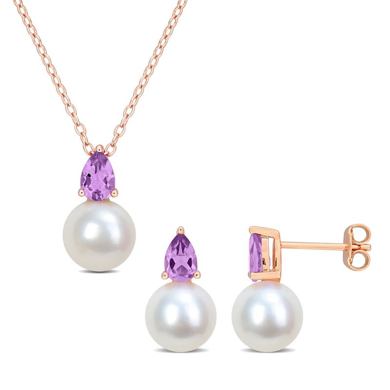 EVERLY JEWELRY | Rose Plated Sterling Silver 8.5-9mm Cultured Freshwater Pearl and 1ct TGW Amethyst Pendant with Chain and Earrings Set - 18 in
