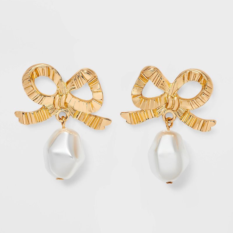 Pearl Dangle and Bow Earrings - A New Day™ Gold/Pearl