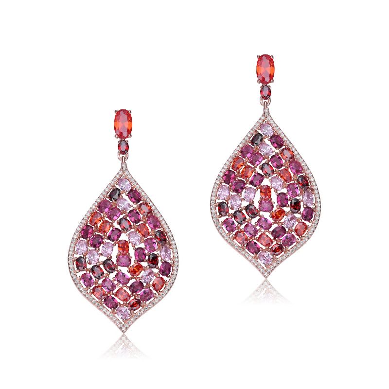 Guili Sterling Silver 18K Rose Gold Plated Ruby Red Cubic Zirconia Drop Earrings, a Timeless and Graceful Masterpiece of Classic Beauty