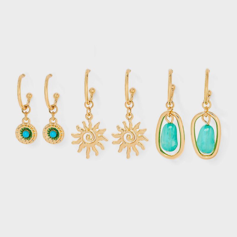 Sun Stone Hoop Earring 3pc Set - Universal Thread™ Gold/Green