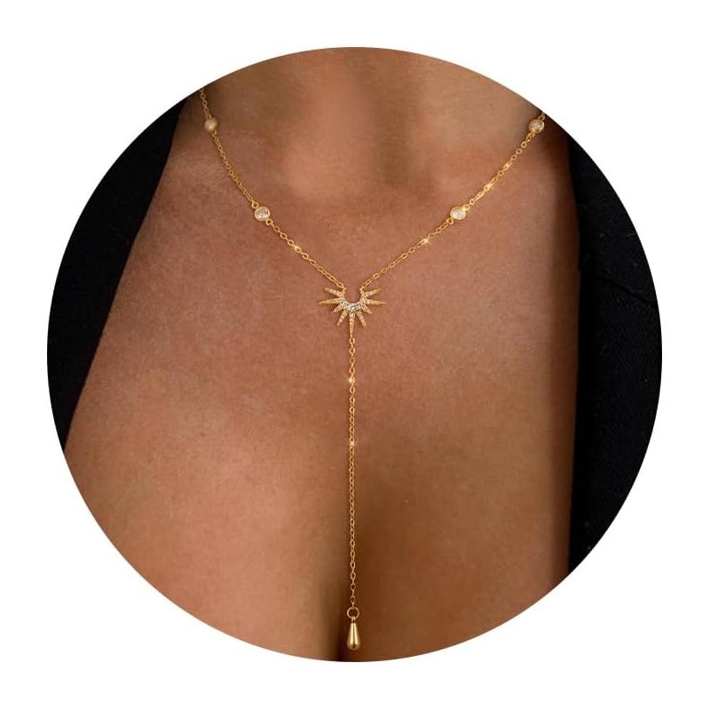 Trendy Layered Y-Shaped Lariat Necklace for Women with Dainty CZ Drop Pendant