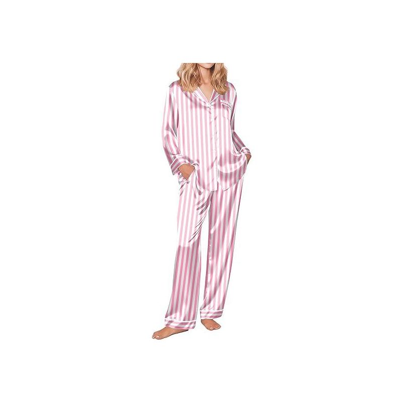 Ekouaer Silk Pajamas for Women Button Down Satin Pj Set Soft Long Sleeve 2 Piece Sleepwear Loungewear Pink Striped L