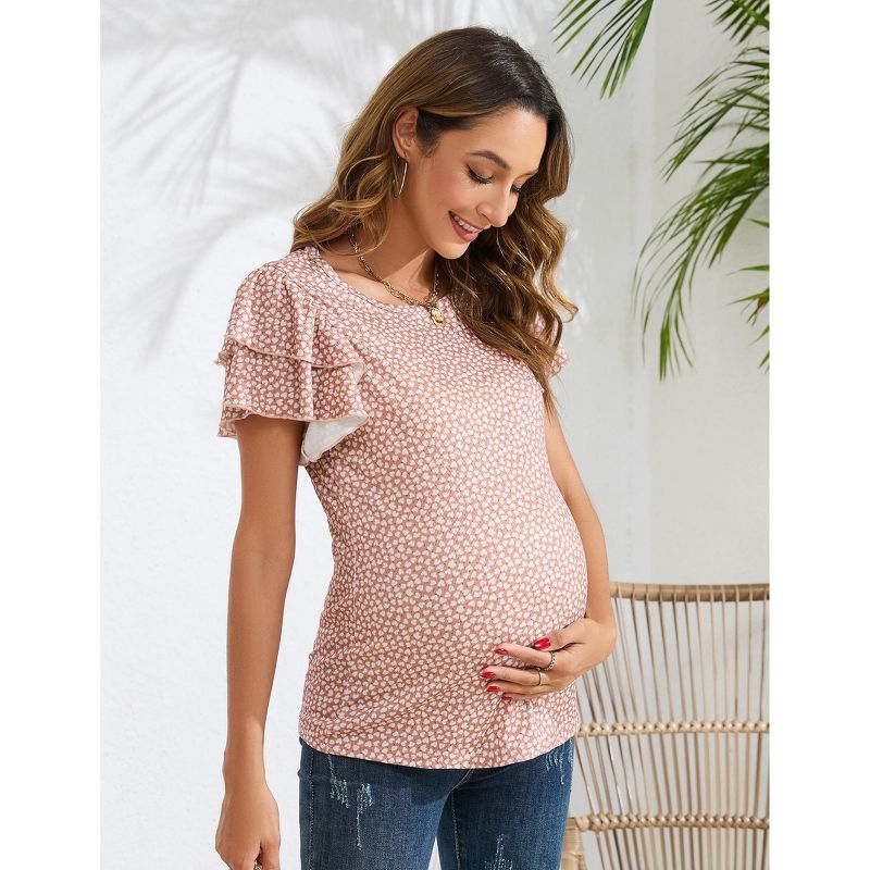 Coolmee Women's Maternity Shirts Nursing Tops Flying Short Sleeve Breastfeeding Tees Lightweight Side Ruched Pregnancy Clothes M Pink Printing