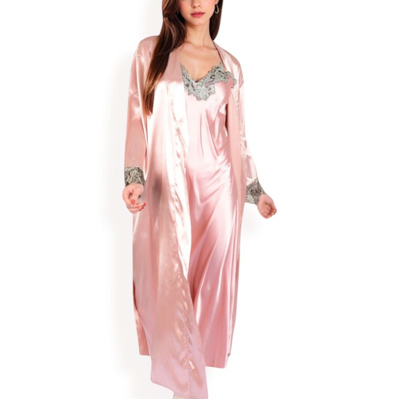 Anna-Kaci Lounge Women's Satin Long Robe and Lace Trim Nightgown Set- Pink,Small