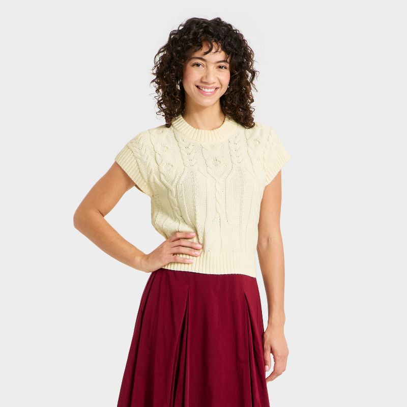Women's Short Sleeve Crewneck Cable Pullover Sweater - A New Day™ Cream S