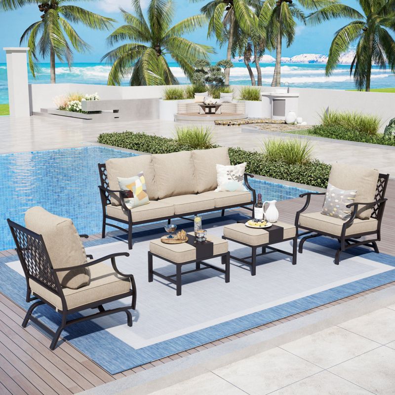 Captiva Designs 5pc Metal Patio Outdoor Conversation Set with Rocking Grid-back Chairs and Ottomans Beige