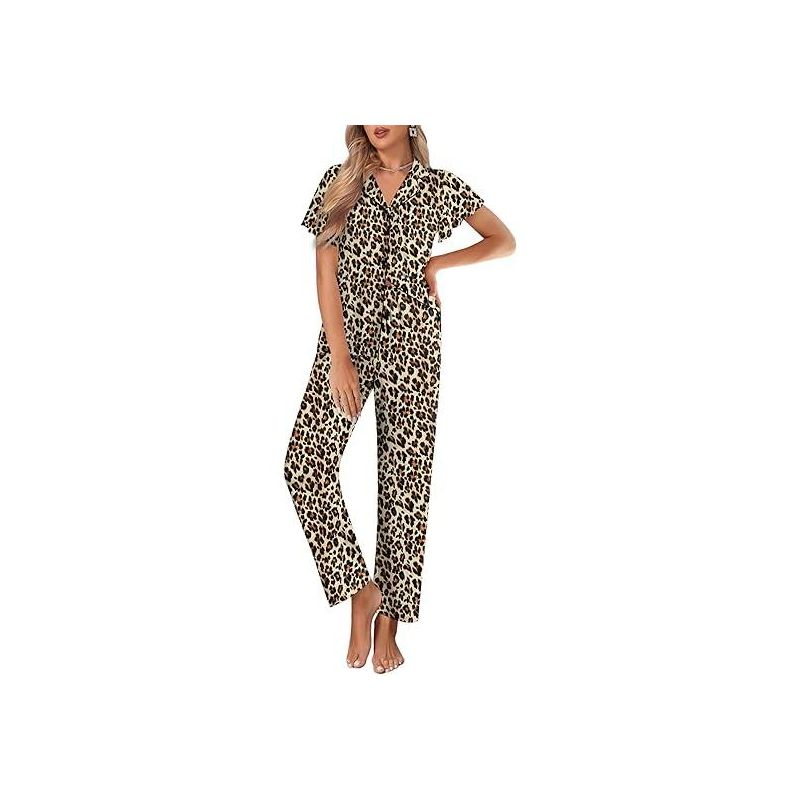 Ekouaer Pajamas for Women Set Button Up Sleepwear Cute Pjs Ruffle Sleeve Notch Collar Loungewear with Long Pants Brown Leopard S