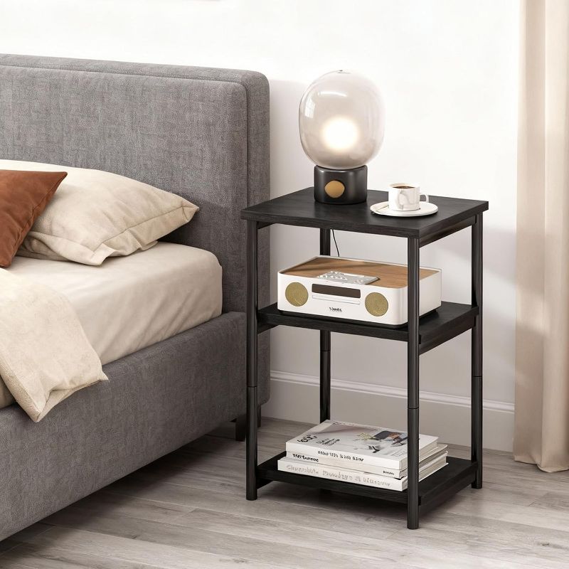 3-Tier Side Table, Industrial Storage End Table with Open Shelves, Compact Bedside Table for Living Room Furniture, Black