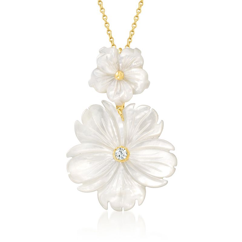 Ross-Simons Mother-Of-Pearl and .10 Carat White Topaz Flower Pendant Necklace in 18kt Gold Over Sterling Size 16