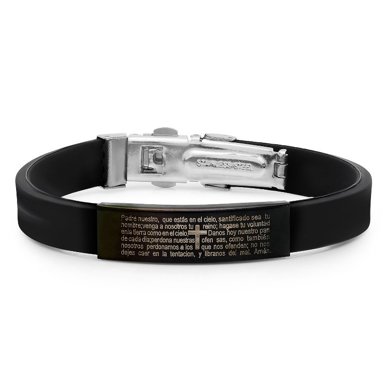 Steeltime Men's black rubber bracelet with stainless steel black ip padre nuestro prayer accent