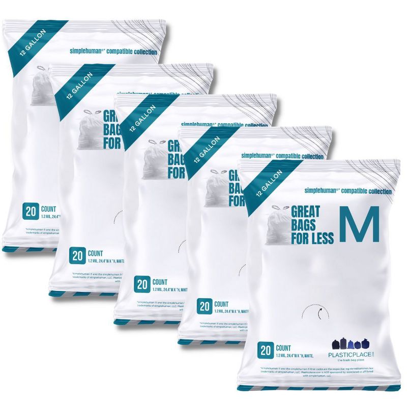 Plasticplace Trash Bags Compatible with simplehuman Code M Packs, White Drawstring Garbage Liners 12 Gallon / 45 Liter, 21" x 30.5" (20 Count/5 Pack)