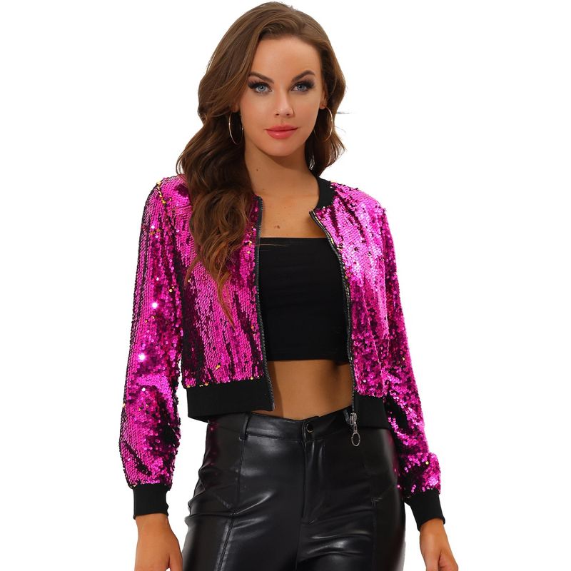 INSPIRE CHIC Women's Sequin Long Sleeve Glitter Shiny Party Bomber Jacket Rose Red Small