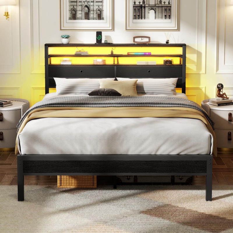 Black Oak Queen Bed Frame With RGB LED Lights Charging Station Storage Headboard USB Ports Metal Platform Gaming Bedroom Furniture No Box Spring