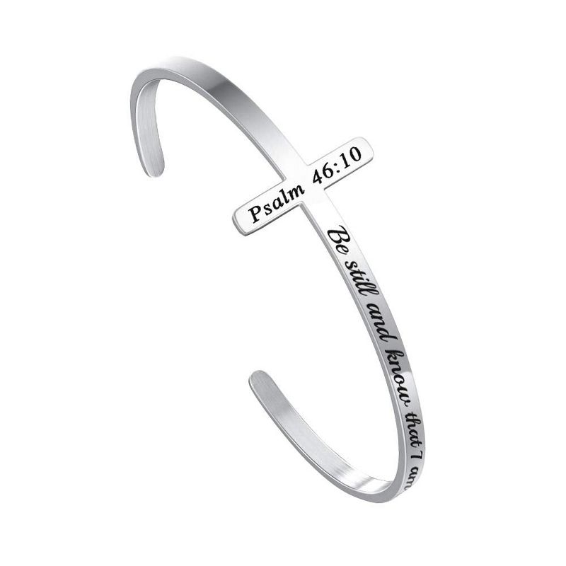 Turandoss Silver Cross Bracelets for Women Teen Girls - Silver Inspirational Text Bracelet, Birthday Christian Gifts, Be Still And Know That I Am God