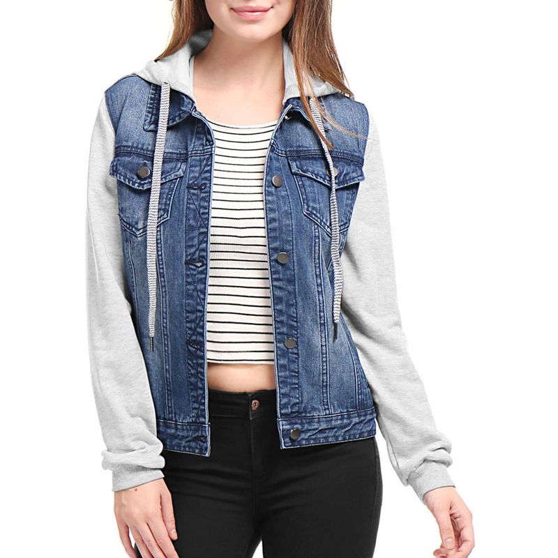 INSPIRE CHIC Women's Regular Fit Layered Drawstring Hood Denim Jacket with Pockets Dark Blue Medium