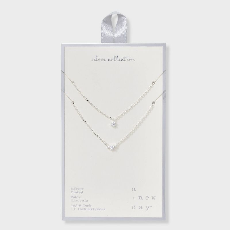 Silver Plated Cubic Zirconia Station Layered Necklace - A New Day™ Silver: Lobster Claw Clasp, 16-19" Length