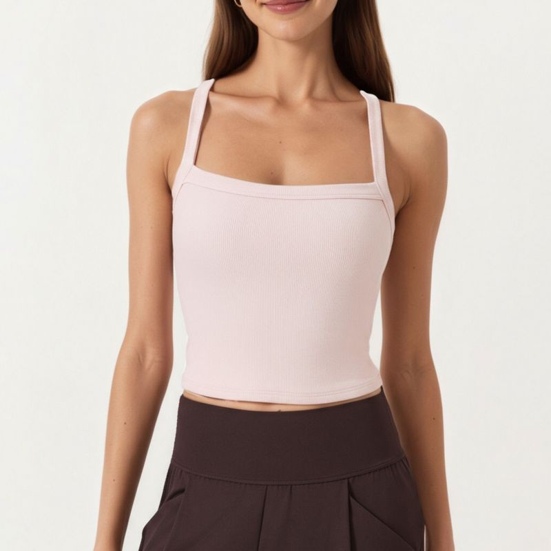 Anna-Kaci Active Women's Square Neck Ribbed Knit Cropped Tank Top with Wide Shoulder Straps - Large, Pink