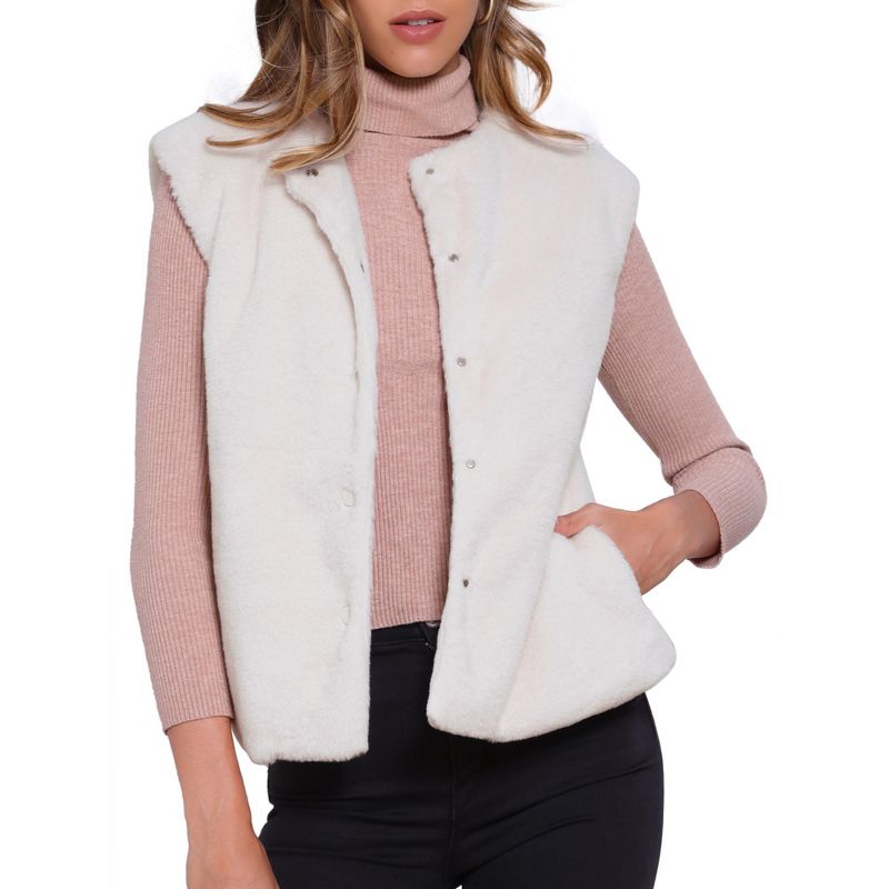 INSPIRE CHIC Women's Button Down Sleeveless Open Front Winter Faux Fur Vest Jacket Apricot Medium