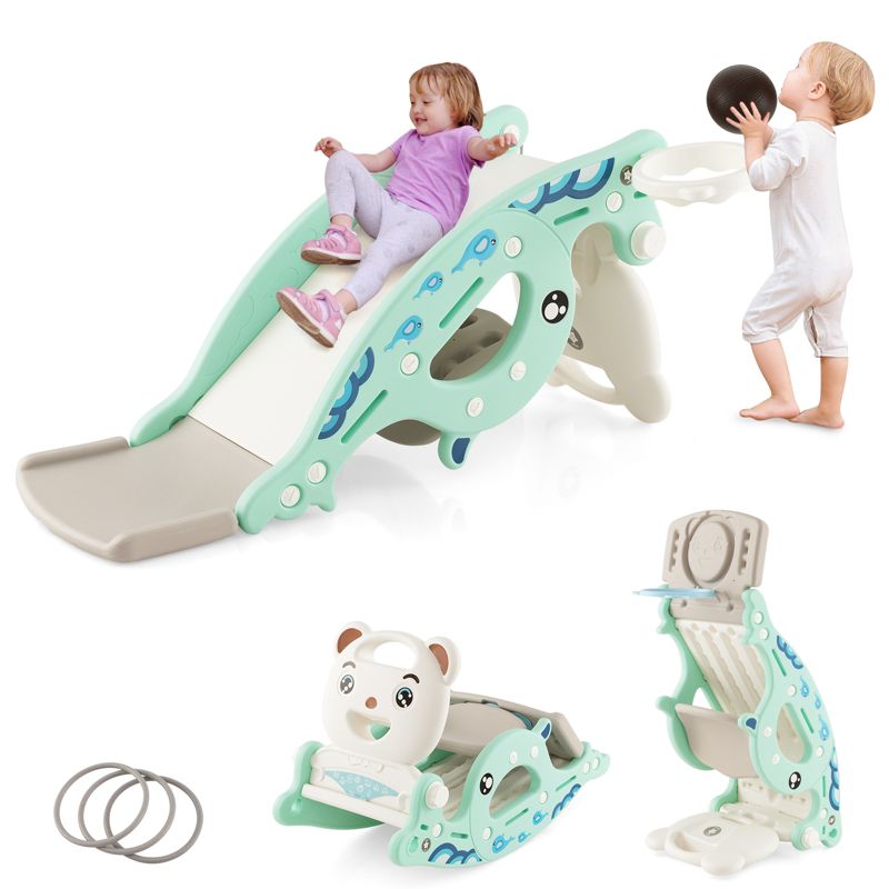 Costway 4-in-1 Kids Slide Rocking Toy Slide Rocking Horse w/Basketball Hoop Rings Green