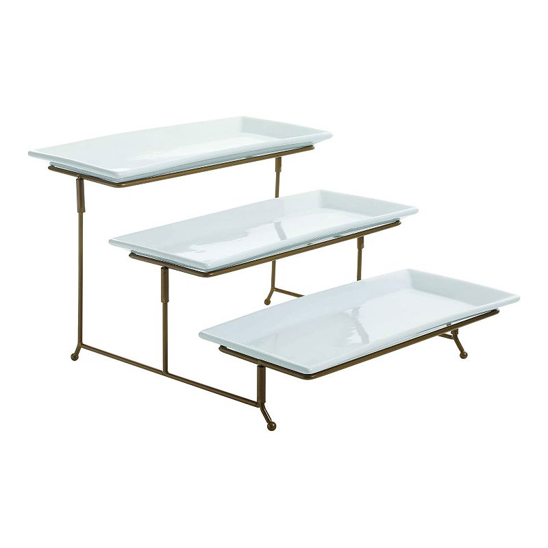 Gibson Gracious Dining Ceramic 3 Tier Rectangular Serving Platter, Appetizer Dessert Stand, Food Server Tray Display, Gold