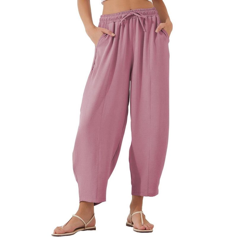Women's Summer High Waisted Baggy Drawstring Pants Casual Ankle Length Trouser Slacks with Pockets Purple Pink L