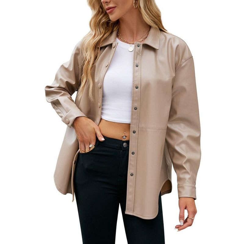 Women's PU Leather Jacket Shacket Button Down Lapel Blazer Coat with Bust Pocket Khaki L