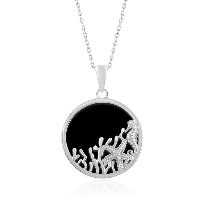 Bella Silver Sterling Silver Round Onyx with Starfish and Seahorse 18" Pendant Necklace - Black