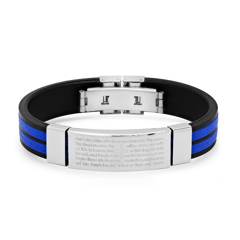 Steeltime Men's black & blue rubber and stainless steel Our Father english prayer id bracelet with greek key accents