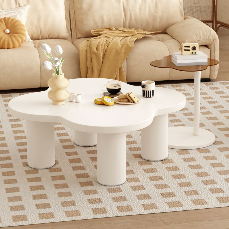 2-Piece Coffee Table Set, Petal-Shaped Design with Roman Column Legs and Glass End Table, Stylish Living Room Furniture