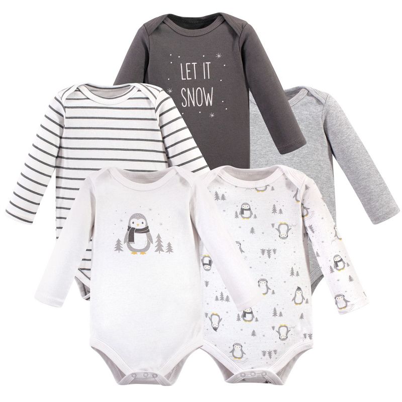 Hudson Baby Cotton Long-Sleeve Bodysuits 5pk, Gray Penguin, Newborn