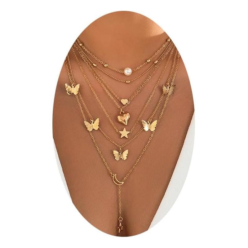 Layered Butterfly Necklace Set for Women Trendy Stars Moon Cross Pearl Heart Gold Chain Adjustable Stackable Gold Choker Necklace Dainty Jewelry