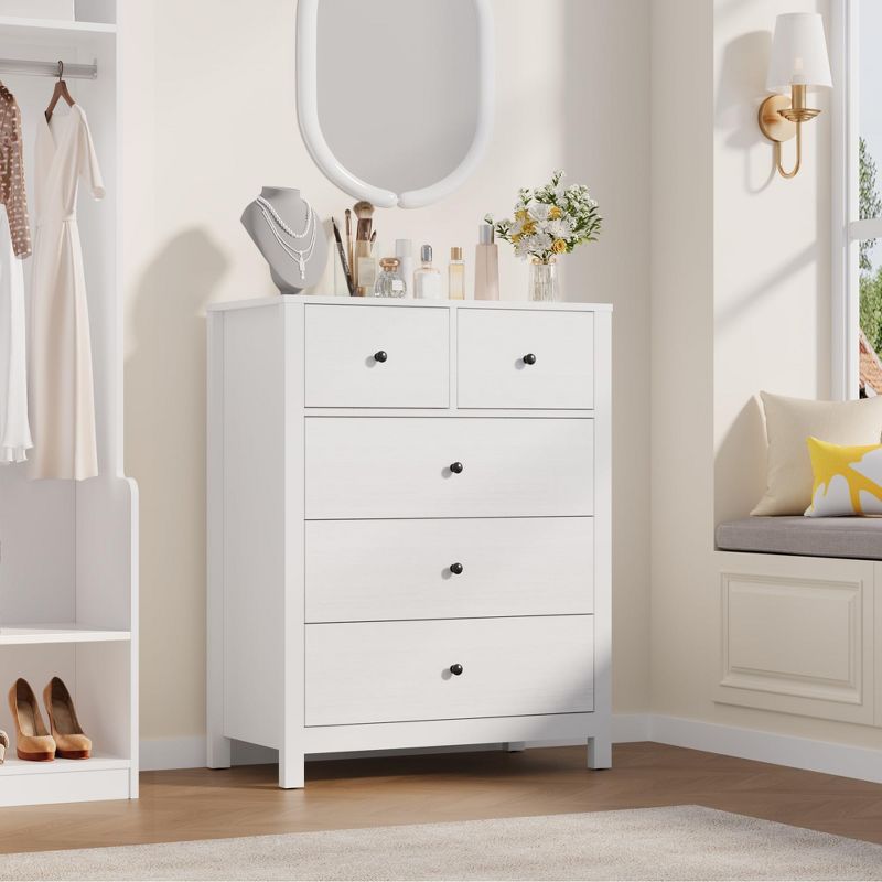 5-Drawer Dresser - Tall Wooden Chest with Deep Drawers & Metal Knobs, Modern Storage for Kids' Bedroom, Entryway, and Hallway white