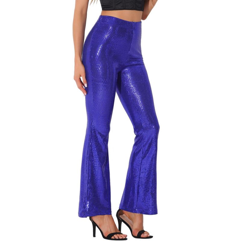 INSPIRE CHIC Women's Sparkle Sequin Stretch High Waist Shiny Flare Bottoms Pants Blue Purple Large