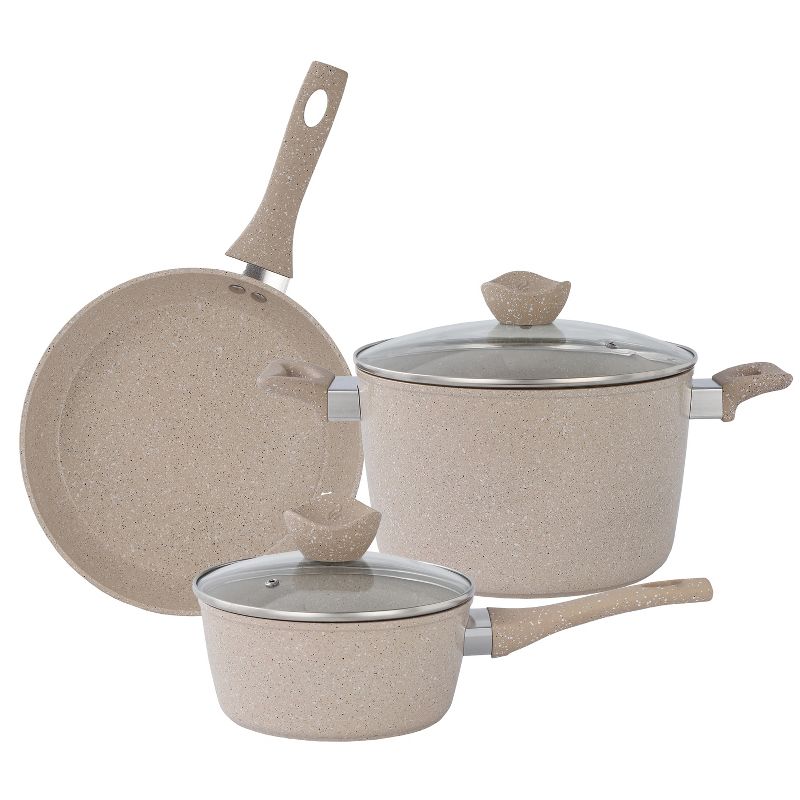 Lorren Home Trends Cookware Set, Beige Granite, Non-Stick Coating, 10-Inch Fry Pan, 5-Quart and 1.6-Quart Pot with Glass Lid, 5-Piece