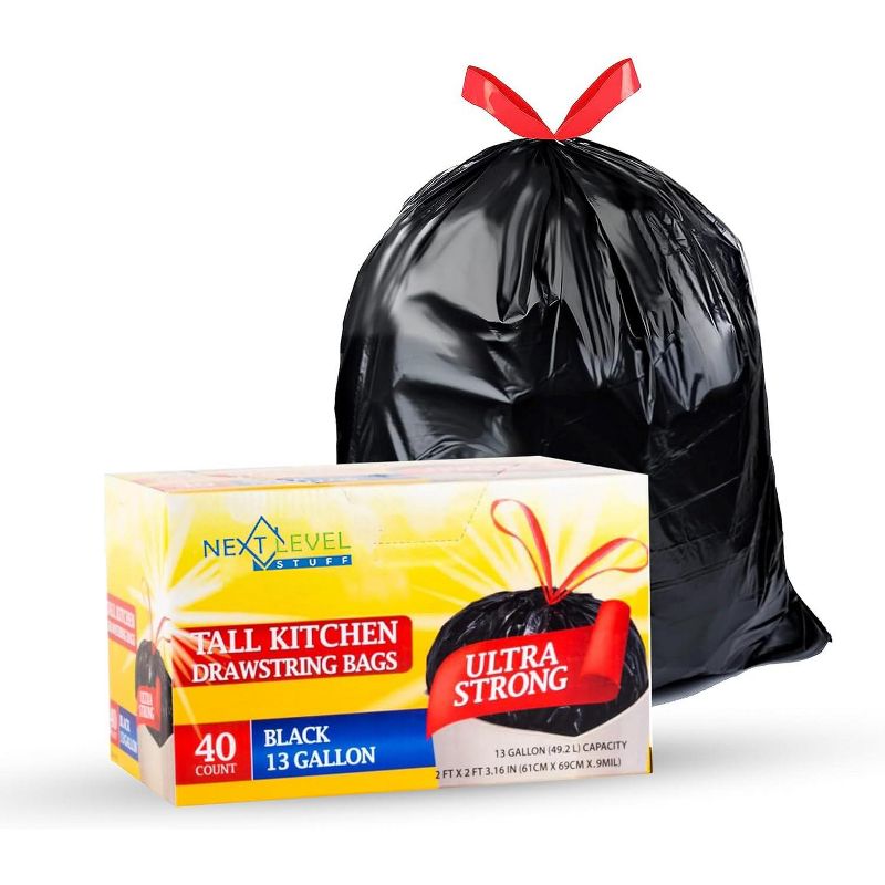 Next Level Stuff Heavy-Duty Drawstring Trash Bags – 13, 18 & 30 Gallon Garbage Bags for Kitchen, Yard Leaves & Cleanup